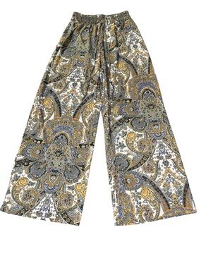 Large Boho Paisley Wide Leg Palazzo Pants Drawstring Flowy Festival Gold Blue